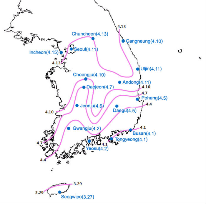 The Korea Metrological Administration released on March 13 a map showing the expected dates on which the cherry blossoms will bloom across the peninsula this year.